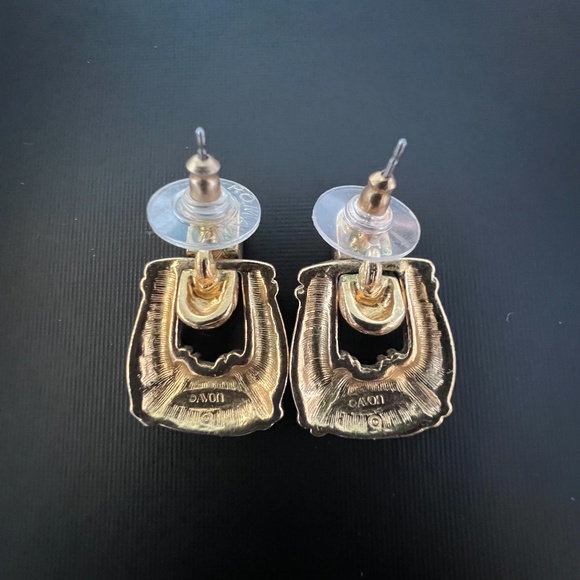 Vintage Avon Earrings Doorknocker Navy Blue Enamel Goldtone Makers Mark - Picture 3 of 5